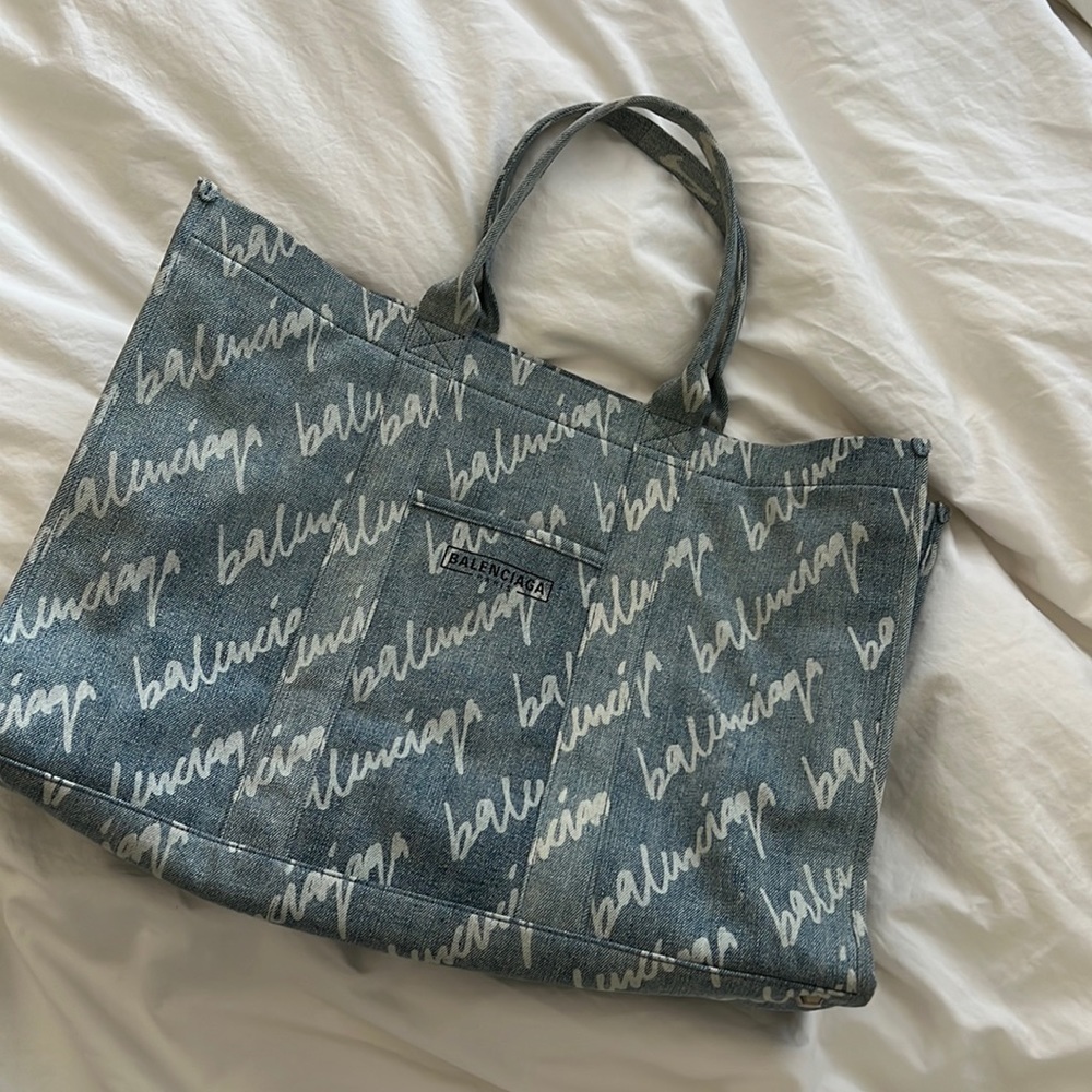Balenciaga large script denim tote
